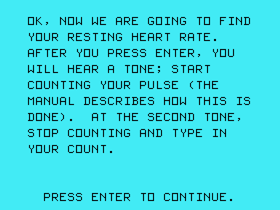 Physical Fitness TI-99/4A Screenshot: Time to find your resting heart rate...