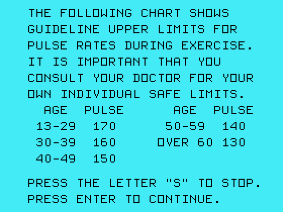 Physical Fitness TI-99/4A Screenshot: Here are some guidelines...