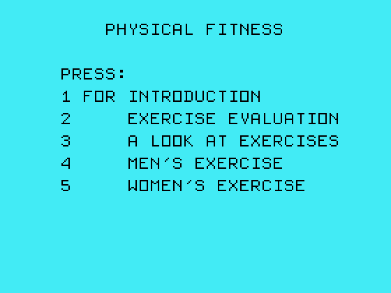 Physical Fitness TI-99/4A Screenshot: The main menu.