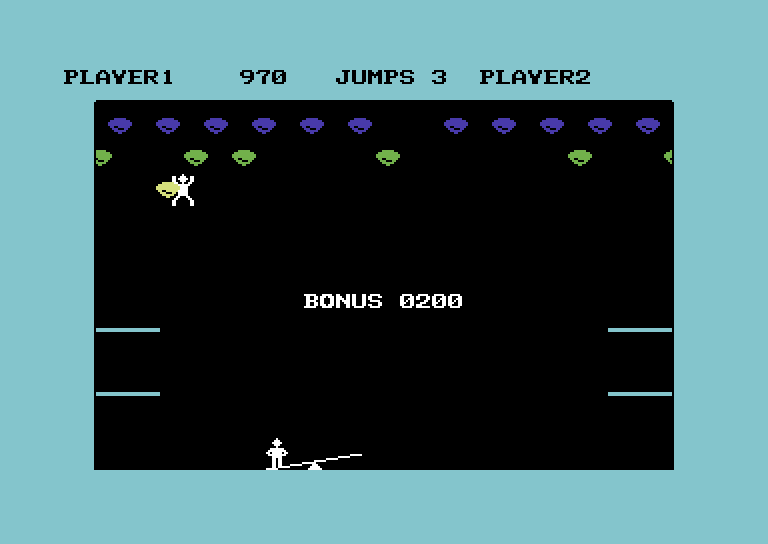 Clowns Commodore 64 Screenshot: Bonus points for clearing an entire row of balloons.