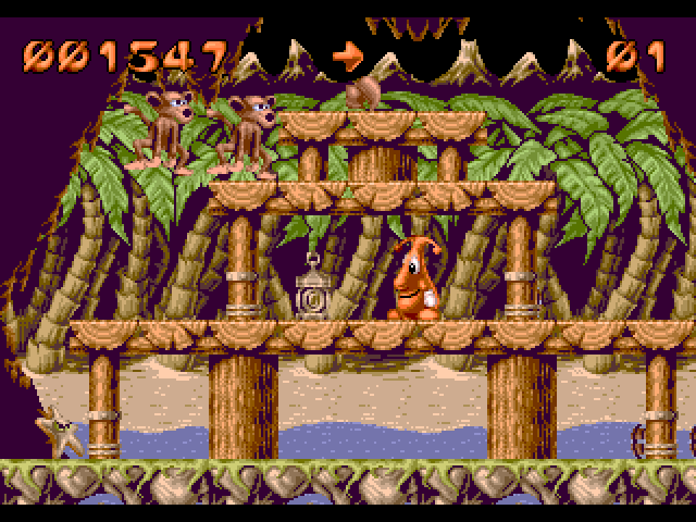 Puggsy Amiga Screenshot: Watch out for monkeys here.
