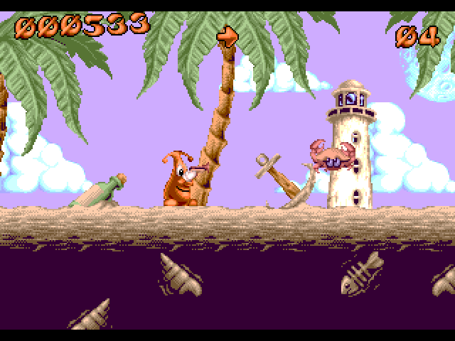 Puggsy Amiga Screenshot: Shooting a crab...