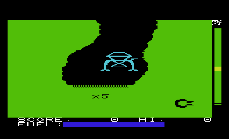 Jupiter Lander Commodore VIC-20 Screenshot: Attempting a landing on the x5 landing pad.