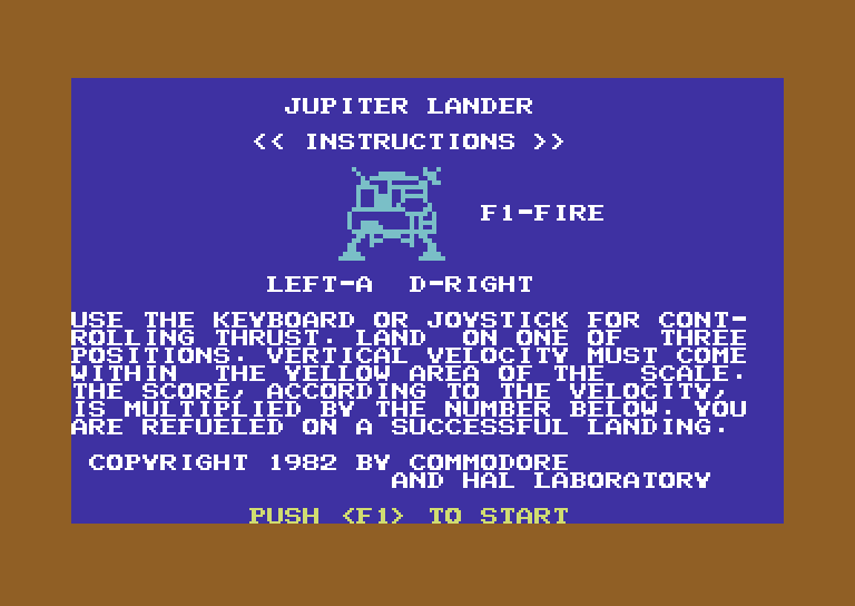 Jupiter Lander Commodore 64 Screenshot: Game instructions.