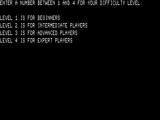 Quad TRS-80 Screenshot: Here's the available difficulty levels.