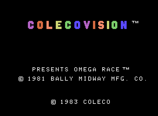 Omega Race ColecoVision Screenshot: Colecovision logo and title screen.