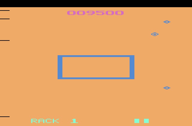 Omega Race Atari 2600 Screenshot: I've been hit! The screen flashes different colors.
