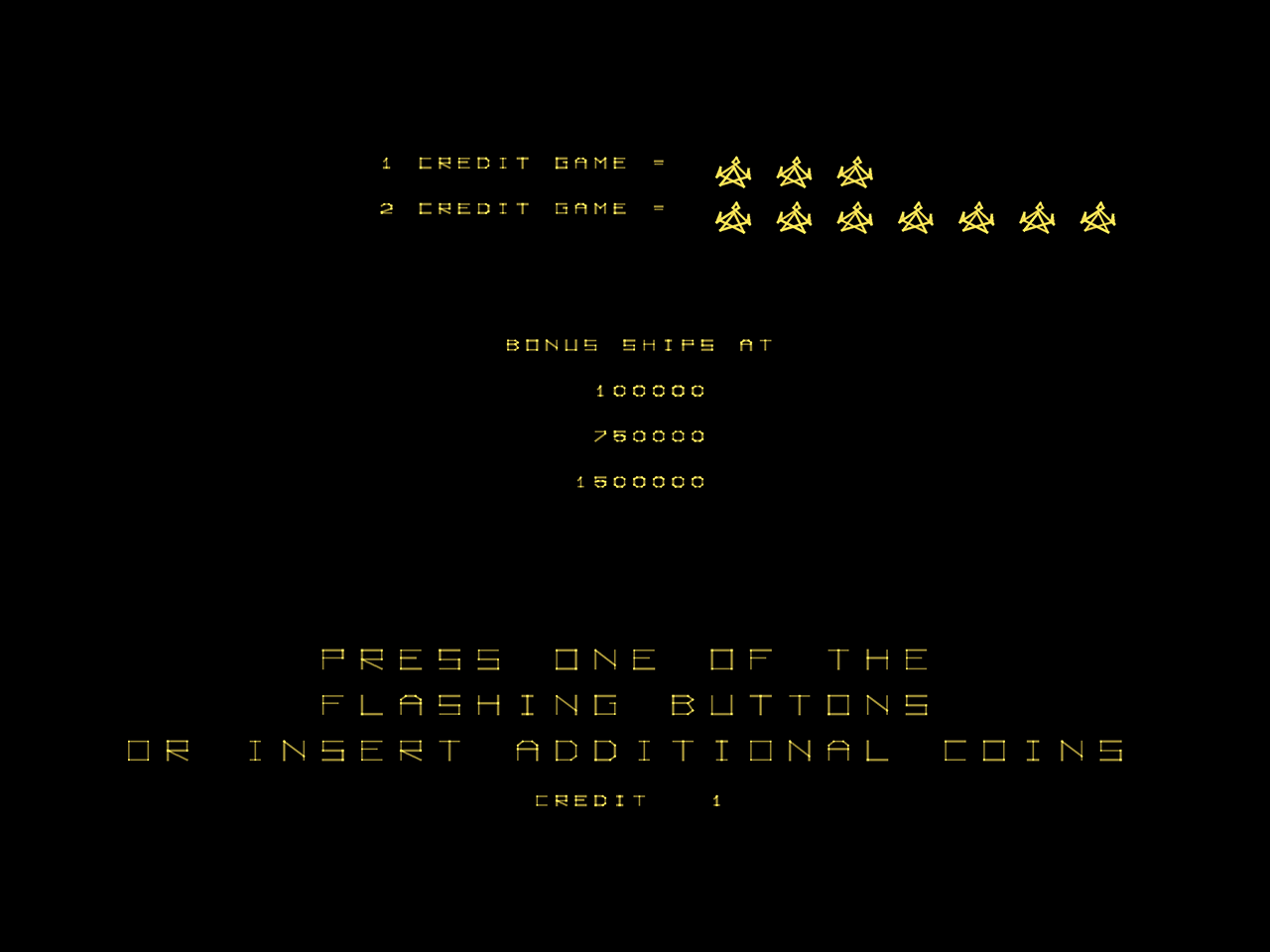 Omega Race Arcade Screenshot: Get ready to start, or insert more coins...