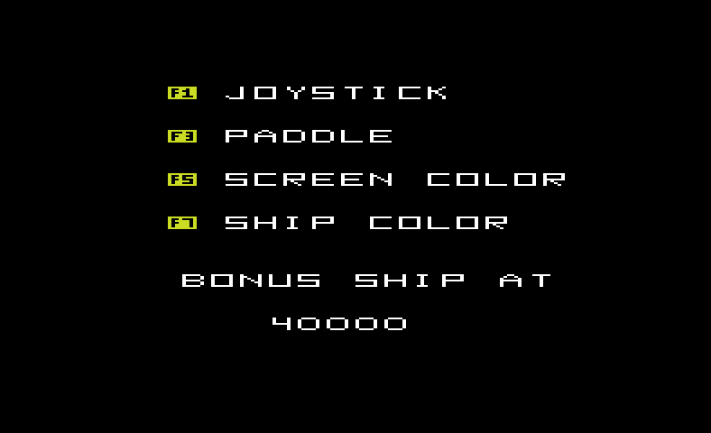 Omega Race Commodore VIC-20 Screenshot: The main menu and game options.
