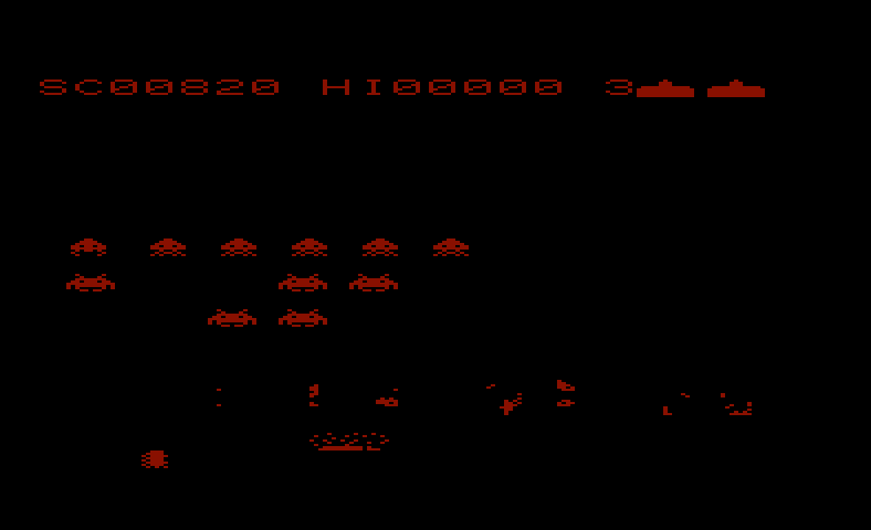VIC Avenger Commodore VIC-20 Screenshot: Crash! I've been hit! The screen flashes red when you lose a base.