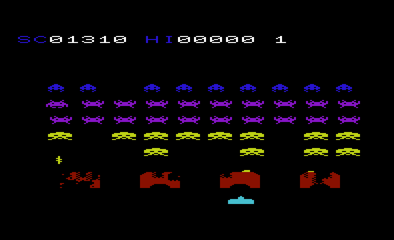 VIC Avenger Commodore VIC-20 Screenshot: Second round begins; hiding behind a shield.