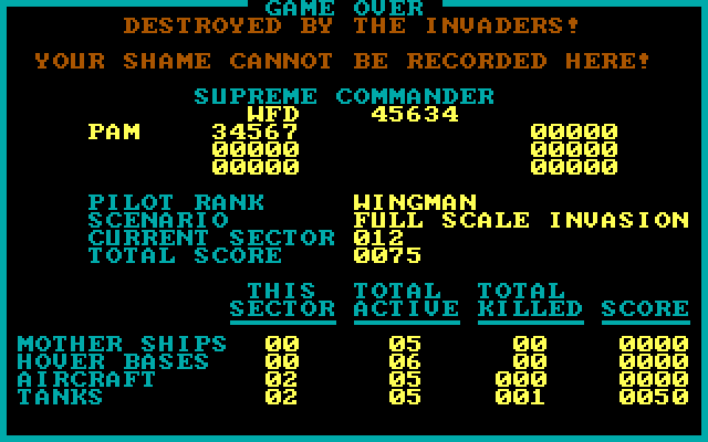 Prowler IBM PC/Compatibles Screenshot: Game over.
