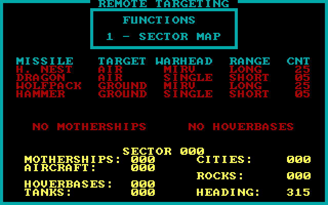 Prowler IBM PC/Compatibles Screenshot: Remote targeting options.