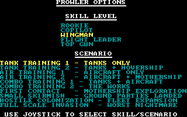Prowler IBM PC/Compatibles Screenshot: Game options.