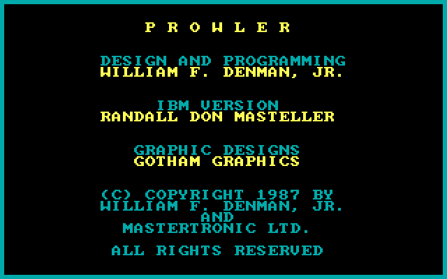 Prowler IBM PC/Compatibles Screenshot: Additional game credits screen.