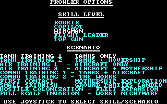Prowler IBM PC/Compatibles Screenshot: Game options screen.