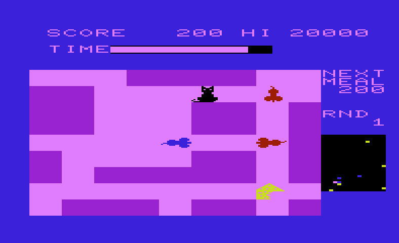 Radar Ratrace Commodore VIC-20 Screenshot: Don't run into the cat or the red mice.