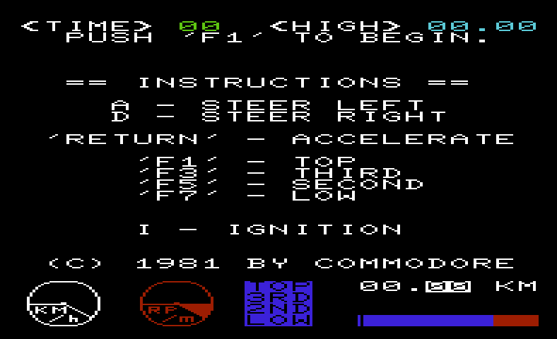 Midnight Drive Commodore VIC-20 Screenshot: Starting screen and game instructions.
