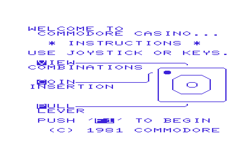 Superslot Commodore VIC-20 Screenshot: Welcome to the casino! Game instructions...