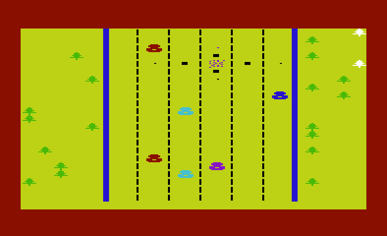 Dodge Cars Commodore VIC-20 Screenshot: Crash! The screen rapidly flashes different colors after a collision.