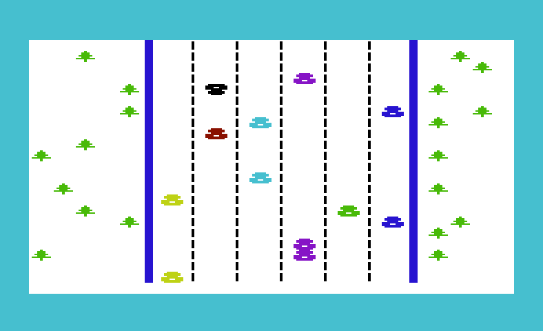 Dodge Cars Commodore VIC-20 Screenshot: As the driver of the black car you need to dodge all of the colored cars.