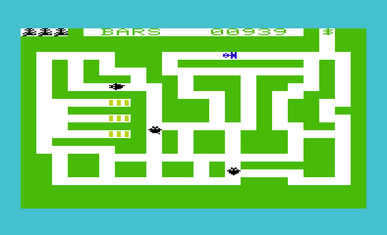 Raid on Fort Knox Commodore VIC-20 Screenshot: Things start to get tricky with three guards wandering about.