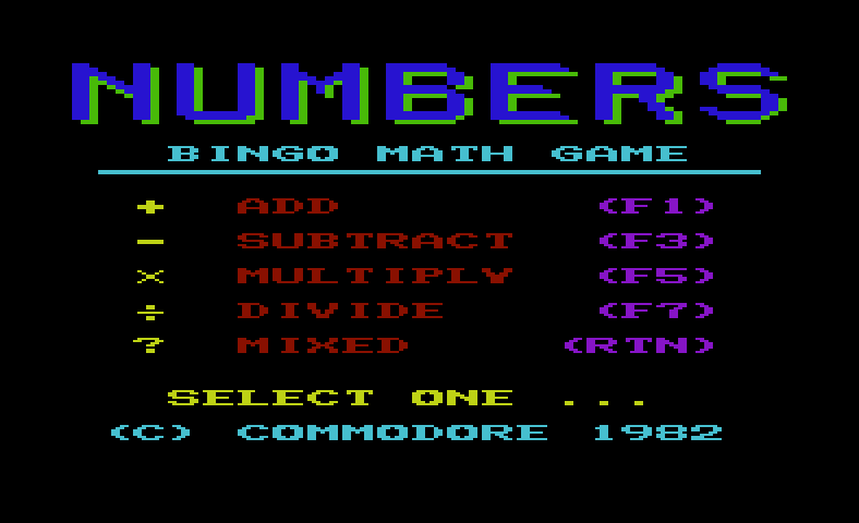 Speed Math / Bingo Math Commodore VIC-20 Screenshot: Ready for the bingo math game?