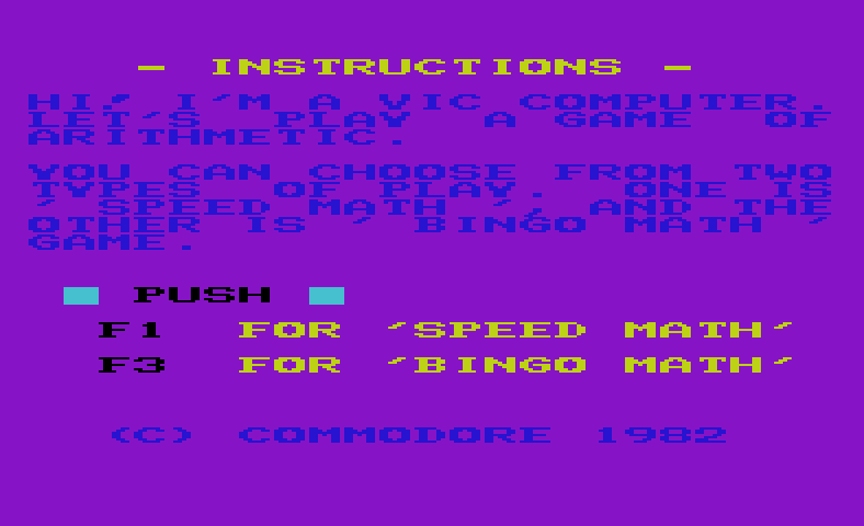 Speed Math / Bingo Math Commodore VIC-20 Screenshot: Introduction screen.