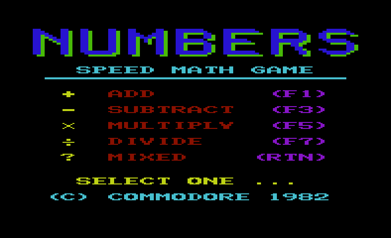 Speed Math / Bingo Math Commodore VIC-20 Screenshot: Ready for the speed math game?