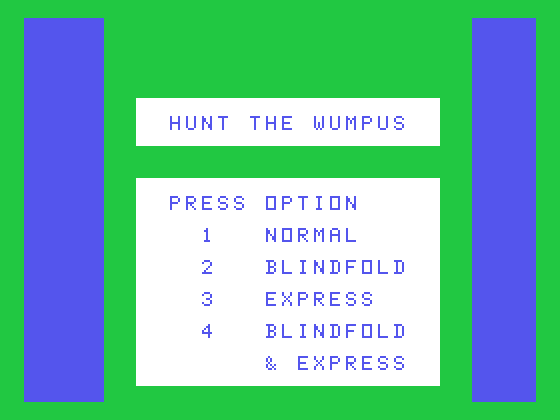 Hunt the Wumpus TI-99/4A Screenshot: Select a game option...