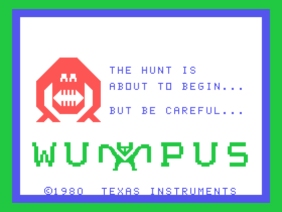 Hunt the Wumpus TI-99/4A Screenshot: Title screen.