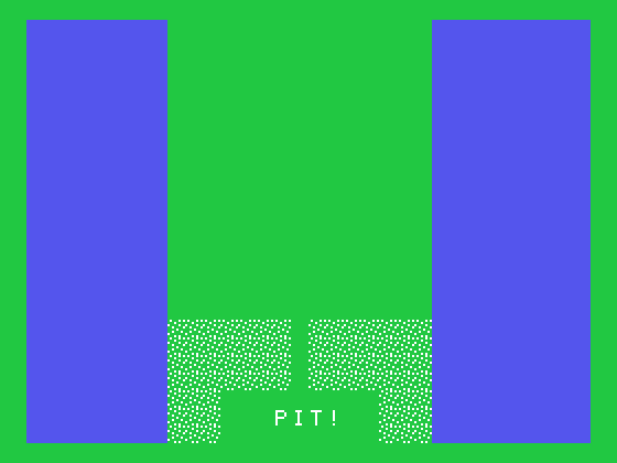 Hunt the Wumpus TI-99/4A Screenshot: Fell in a pit...crash!