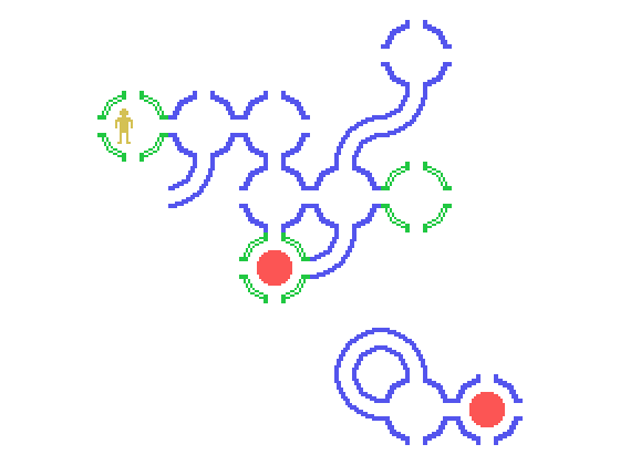 Hunt the Wumpus TI-99/4A Screenshot: Green circles mean a slime pit is somewhere nearby...