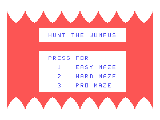 Hunt the Wumpus TI-99/4A Screenshot: Main menu.