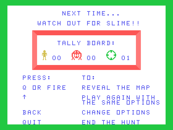Hunt the Wumpus TI-99/4A Screenshot: Game over.