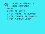 Hunt the Wumpus for TI-99/4A - TI-99/4A main menu.