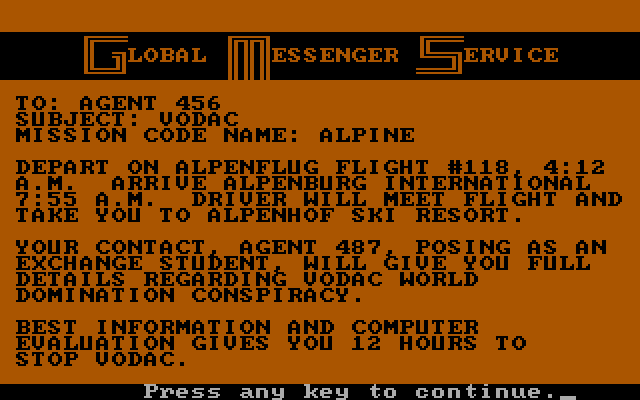 Alpine Encounter, The IBM PC/Compatibles Screenshot: You're hired!