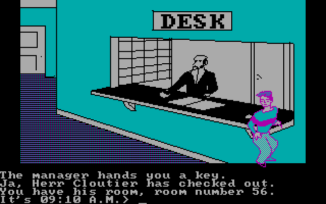 Alpine Encounter, The IBM PC/Compatibles Screenshot: You get your room key. Now off to find the vase.