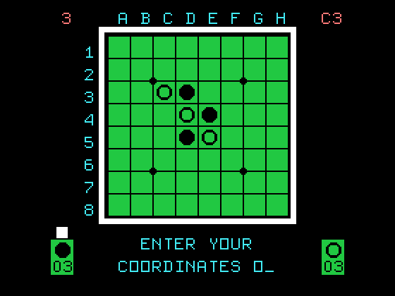 Othello TI-99/4A Screenshot: Enter coordinates for your next move...