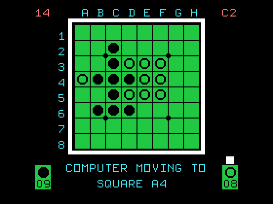 Othello TI-99/4A Screenshot: The computer is moving to square A4...