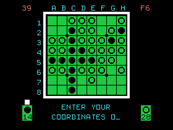 Othello TI-99/4A Screenshot: The board is filling up...enter your coordinates!