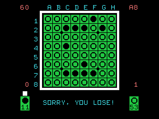 Othello TI-99/4A Screenshot: Game over, you lose!