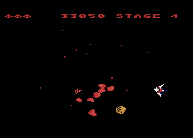 Gyruss Atari 8-bit Screenshot: Watch out for Asteroids, they can't be destroyed...