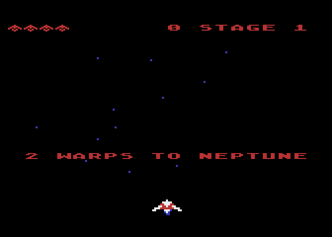 Gyruss Atari 8-bit Screenshot: The game begins with two warps to Neptune.