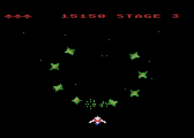 Gyruss Atari 8-bit Screenshot: The first chance stage.