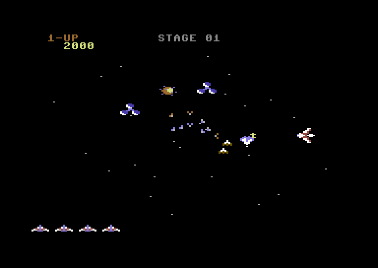Gyruss Commodore 64 Screenshot: Shoot the satellite in the middle for double fire ability.