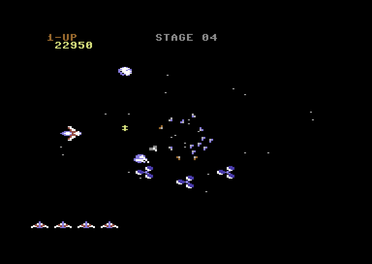 Gyruss Commodore 64 Screenshot: Don't crash into the meteors...