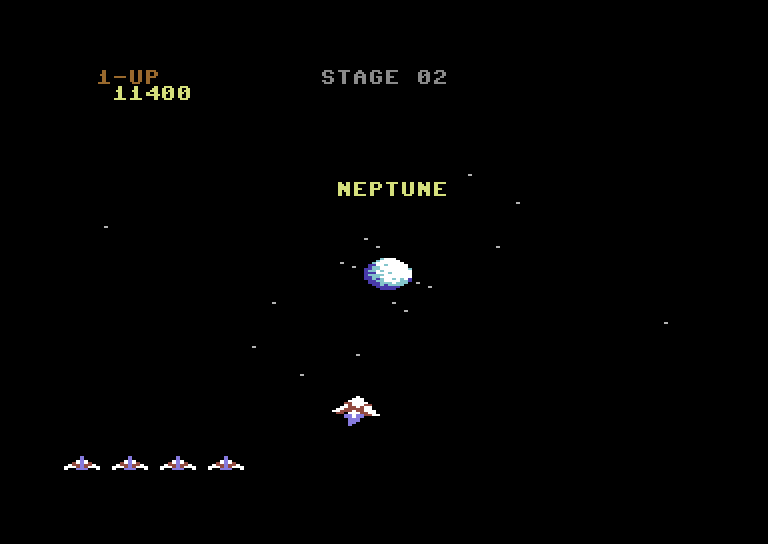 Gyruss Commodore 64 Screenshot: Arriving at Neptune.