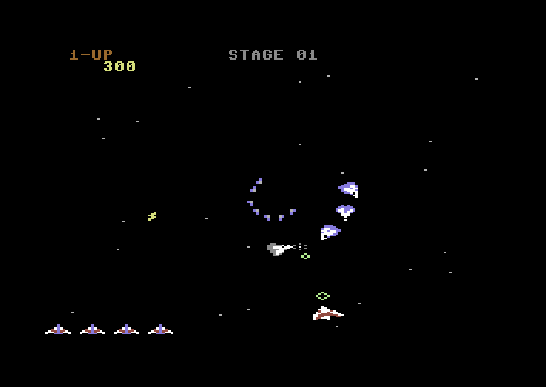 Gyruss Commodore 64 Screenshot: Enemy planes attacking...