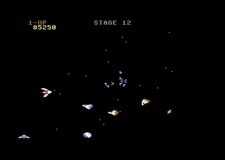 Gyruss Commodore 64 Screenshot: Each set of stages between planets has a different enemy plane formation.
